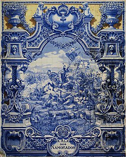 Œuvre (en carreaux de céramique émaillée : azulejos) de Jorge Colaço (1922) représentant un épisode de la bataille d’Aljubarrota (1385) entre les Portugais et l’armée castillane. Exposée au Pavilhão Carlos Lopes, à Lisbonne (Portugal). (définition réelle 2 387 × 2 966)