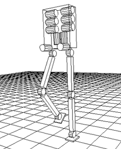 胴体のあるヒト型二足歩行ロボットの制御モデル。現在のヒト型二足歩行ロボットでは多くがこのタイプ。ただし、図では脚を駆動するモーターが胴体に配置されているが、実際にこのようにモーターを配置されたロボットは無い。胴体にはバッテリーや制御装置が組み込まれる