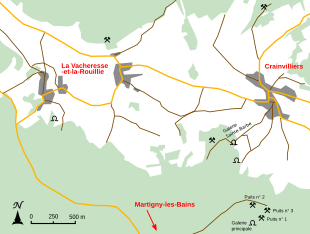 Carte localisant les travaux miniers et les villages.