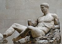 Phidias' workshop: Reclining Dionysos, from Parthenon east pediment, ca. 447–433 BC. British Museum