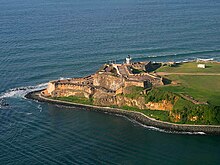 Aerial photo of a fort on the tip of an island