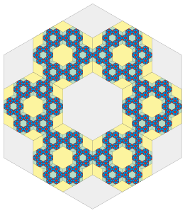 Hexaflake with child hexagon edges touching and no center polygons, first 4 iterations.