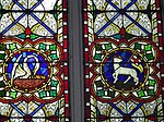 Pelican vulning and Lamb of God with flag with Triumphal cross, both symbols of the Resurrection (stained glass, Ireland, 19th century)