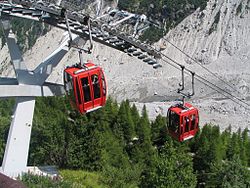 Deux cabines au passage d'un pylône avec la Mer de Glace en contrebas en 2009.