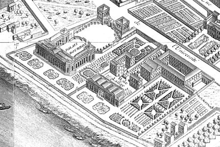 کاخ بوربن (بالا سمت چپ) و هتل د لاسای (پایین سمت راست)، اثر در نقشهٔ تیوگوت پاریس (۱۷۳۹)