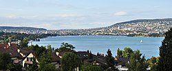Lake Zurich's lower lake basin, looking north from Wollishofen towards the inner city of Zurich (August 2011)