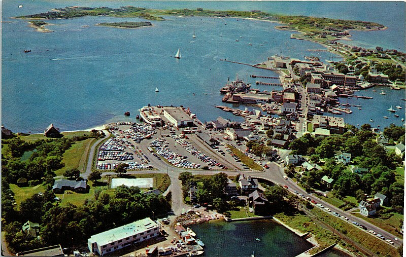 Aerial view of a ferry landing and railroad station