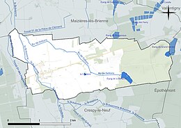 Carte en couleur présentant le réseau hydrographique de la commune