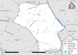 Carte en couleur présentant le réseau hydrographique de la commune