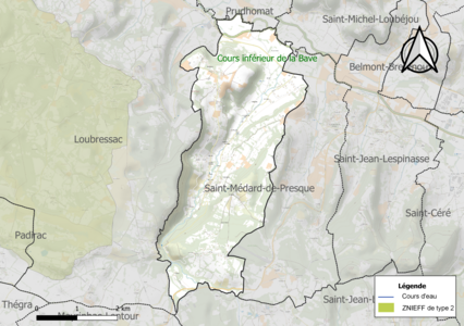 Carte de la ZNIEFF de type 2 sur la commune.