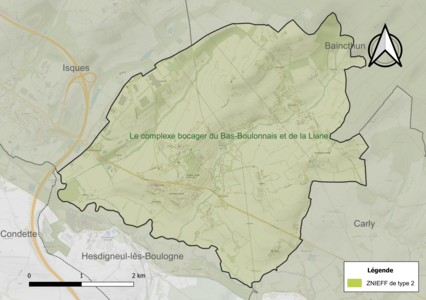 Carte de la ZNIEFF de type 2 sur la commune.