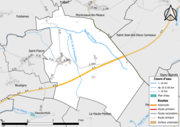 Carte en couleur présentant le réseau hydrographique de la commune