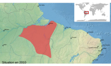 Map of northeastern Brazil, showing a highlighted range (in red) covering a roughly triangular area south of the lower reaches of the Amazon River