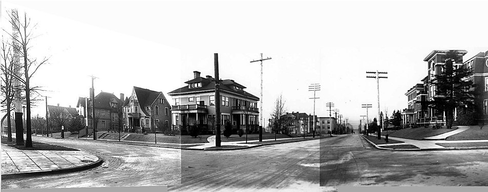 File:Asahel Curtis panorama of First Hill, Seattle, c. 1903, showing intersection of Columbia St and Summit Ave, Seattle.jpeg: a panorama built from three Asahel Curtis photographs.