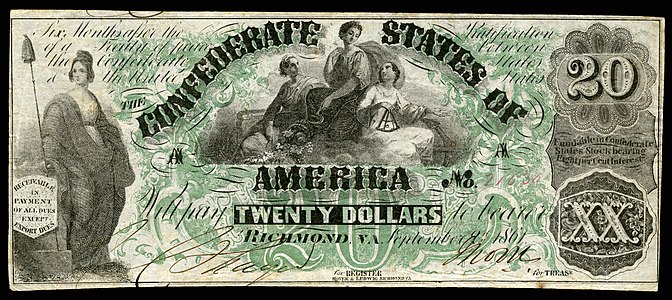 Twenty Confederate States dollar (T17), by Hoyer & Ludwig