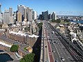 Southern approach of the Sydney Harbour Bridge with Dawes Point to the right.