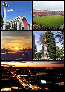 Clockwise, from top: Chillán Cathedral, Nelson Oyarzún Arenas Stadium, puente ferroviario de Ñuble, Statue of برناردو اوخیگینس، panoramic view of the city at sunset.