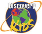 The logo of a Latin American children's TV channel, showing a planet followed by the word "Discovery" in a white font and the word "Kids" in yellow.