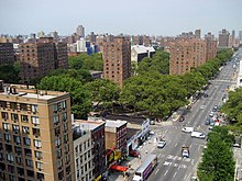 A bird's-eye view of New York City, looking north from 96th Street, along Second Avenue, towards East Harlem. The intersection in view is 97th Street.
