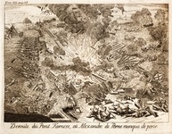 A pontoon bridge of Alexander Farnese, Duke of Parma is blown up during the Fall of Antwerp, 1585, Strada: Histoire de la guerre des Païs Bas, 1727