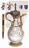 Picture of an ornately decorated bluish-white porcelain vase with silver handle and base added, making it into a ewer