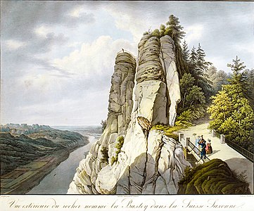 Rocher de Bastei eau-forte coloriée à l'aquarelle (1826).