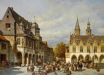 Markttag in Goslar, Ölgemälde von Jacques Carabain um 1890. Das Rathaus ist noch nicht „re-gotisiert“ und hat noch die Renaissance-Fenster. Links das Gildehaus Kaiserworth.