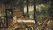 老揚·布勒哲爾（英语：Jan Brueghel the Elder）和彼得·保羅·魯本斯的《味覺（英语：The Five Senses (series)）》，64 × 108cm，約繪於1618年，來自腓力四世的收藏[49]