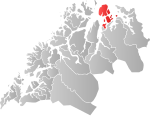 Mapa do condado de Troms com Skjervøy em destaque.