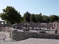 Stone sculptures of sheep in the museum-park under the open sky called "Gizlar bulagi" (Girls' spring) in Nakhchivan.