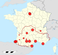 Présence des clubs de rugby dans le Top 14 et frontières de l'Occitanie.