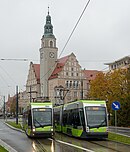 Two trams in front of the Town Hall