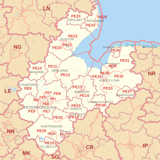 PE postcode area map, showing postcode districts, post towns and neighbouring postcode areas.