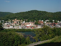 The Philippi Historic District with the Barbour County Courthouse seen from across the Tygart Valley River in 2007