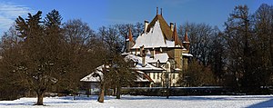 A snow covered field and dark trees. In the center the square castle building with three visible corner towers all of large rectangular brown stone. The roof is sharply peaked, of red-brown tile. Outbuildings partially block the view of the castle and are white with red roofs.