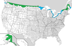 Coloration des comtés des États-Unis frontaliers en vert (frontière terrestre) et bleu (frontière aquatique).