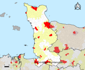 Localisation de l'aire d'attraction de Saint-Hilaire-du-Harcouët dans le département de la Manche.