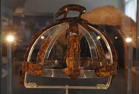 The boar crested Benty Grange helm on display in Sheffield.