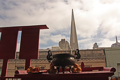 View of Transamerica Pyramid, Embarcadero Center, and Hilton San Francisco Financial District from temple balcony