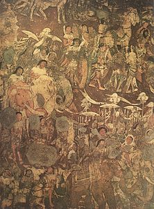 קטע של ציור הקיר במערה 17, "בואם של הסינהלים (אנ')". הנסיך ויג'איה (אנ') נראה בשתי הקבוצות של הפילים ושל הרוכבים.