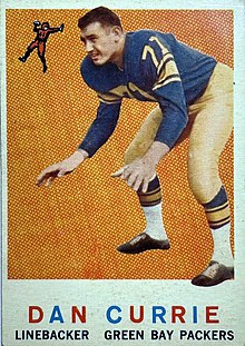 A trading card with Dan Currie in uniform with the words "Dan Currie, Linebacker, Green Bay Packers" at the bottom