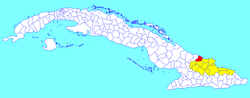 Gibara municipality (red) within Holguín Province (yellow) and Cuba