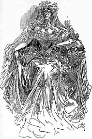 A black and white drawing of a gaunt-looking woman wearing an elaborate wedding dress and veil.