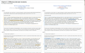 Web page showing side-by-side comparison of an article highlighting changed paragraphs.