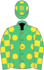 EMERALD GREEN, yellow spots, check sleeves, emerald green cap, yellow spots