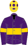 Purple, gold hoop on body and sleeves, yellow cap, purple spots