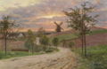 En landevej ved Stenløse med en mølle i baggrunden, solnedgang (English: A road at Stenløse near a mill. Sunset.). Peder Mørk Mønsted, 1919.