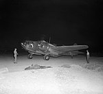 Martin Baltimore Mk V, FW332 'R' "Redwing", of No. 13 Squadron, taxies out for a night sortie over the Gothic Line at Cecina, Italy during the Second World War.