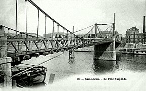 Puente colgante en el Sena que une Saint-Denis y Île Saint-Denis (1844), construido por Marc Seguin y hermanos, reemplazado por el puente Formigé en 1905.