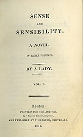 Title page, indicating an anonymous author. "Sense and Sensibilty: A novel. In three volumes. By a Lady. Vol.1. London: Printed for the author, by C. Roworth, Bell-yard, Temole-bar, and publiched by T. Egerton, Whitehall, 1811."